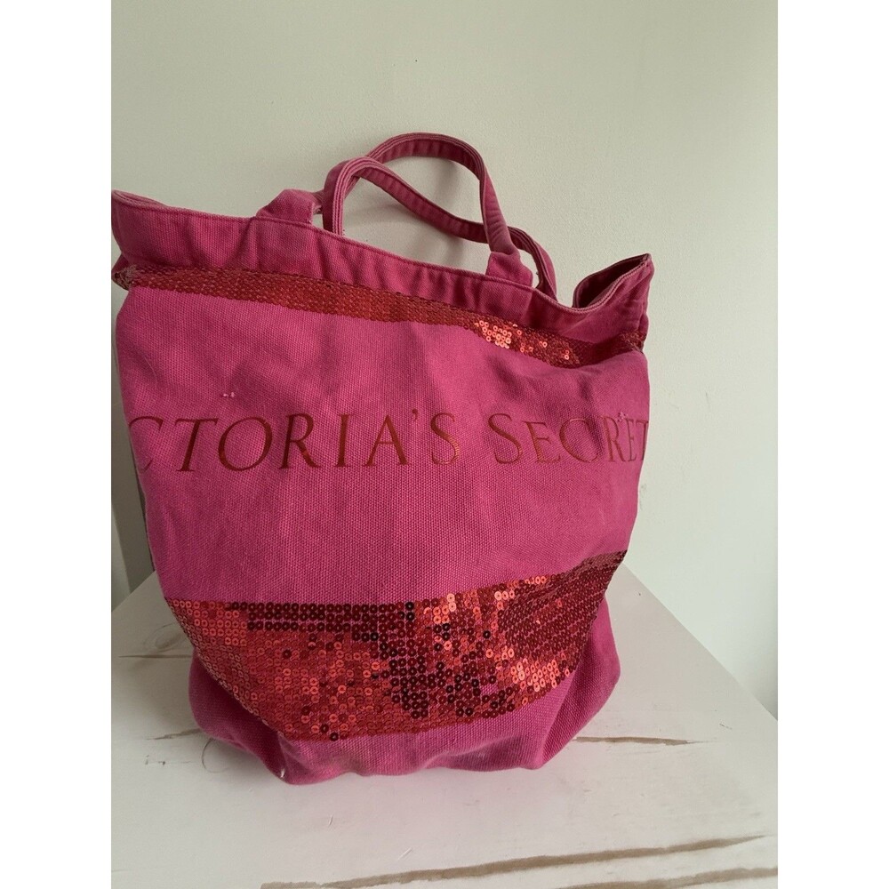 ✿ Victoria’s Secret Pink Sequin Canvas Tote Bag Large Shiny Beach Travel Shopper